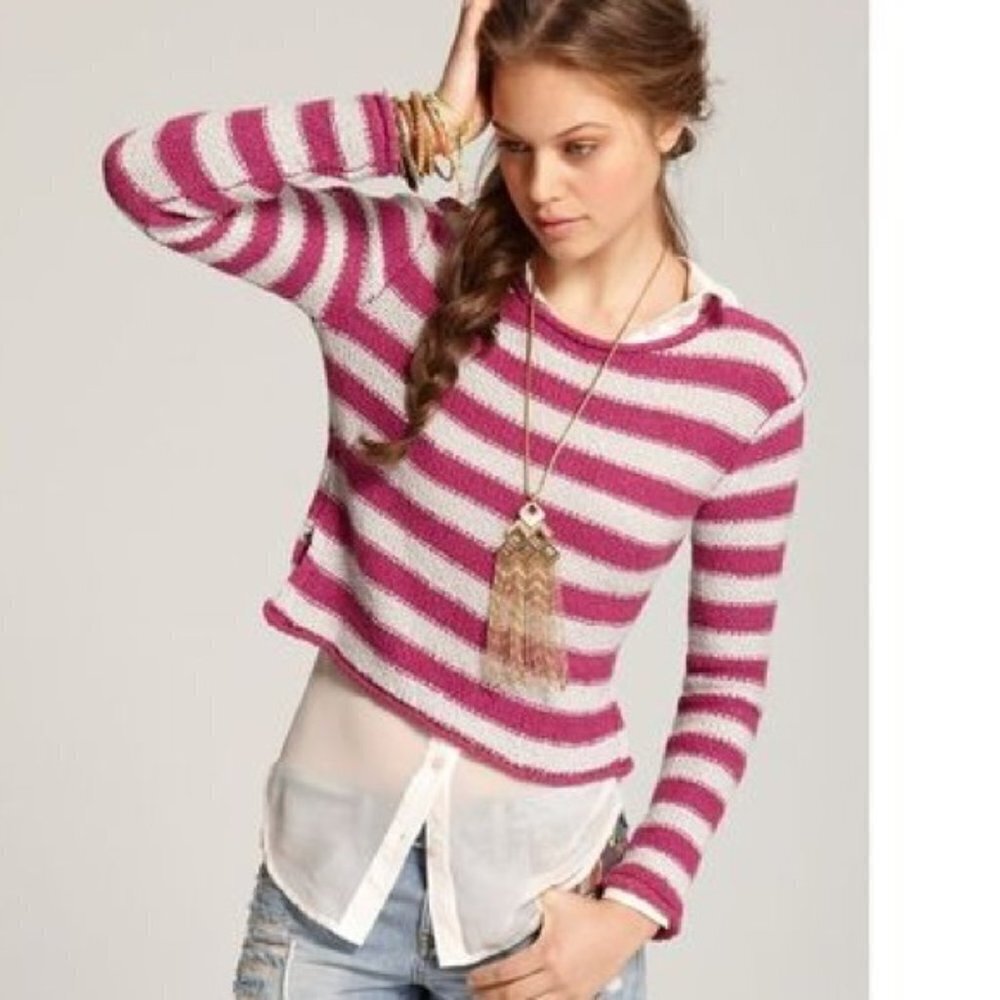 Free People Beach Striped Cropped Sweater Knit Fuchsia Off White Pullover Sz M